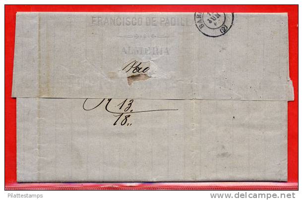 ESPAGNE LETTRE DE 1869 DE ALMERIA POUR BARCELONE - Storia Postale