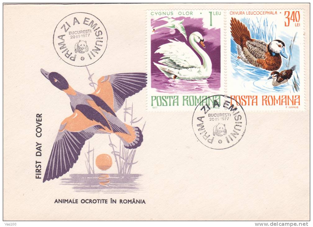ANIMALS PROTECTED IN ROMANIA, CYGNES, 1977, COVER FDC, ROMANIA - Cygnes