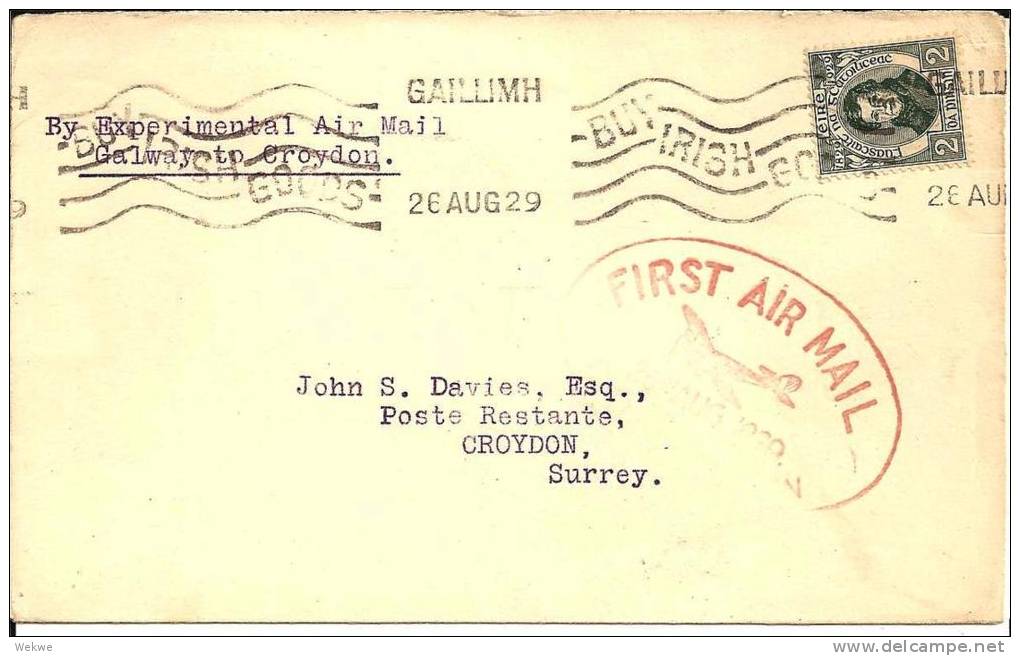 Irl033/ IRLAND -  Brief,  Probeflug Galway-Croydon 1929 Mit Daniel O'Connell (Pionieer Flight) - Lettres & Documents