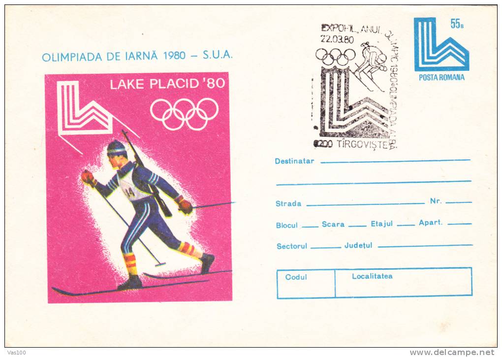 WINTER OLYMPIC GAMES, LAKE PLACID, SUA, 1980, COVER STATIONERY, ENTIER POSTAL, OBLITERATION CONCORDANTE, ROMANIA - Invierno 1980: Lake Placid