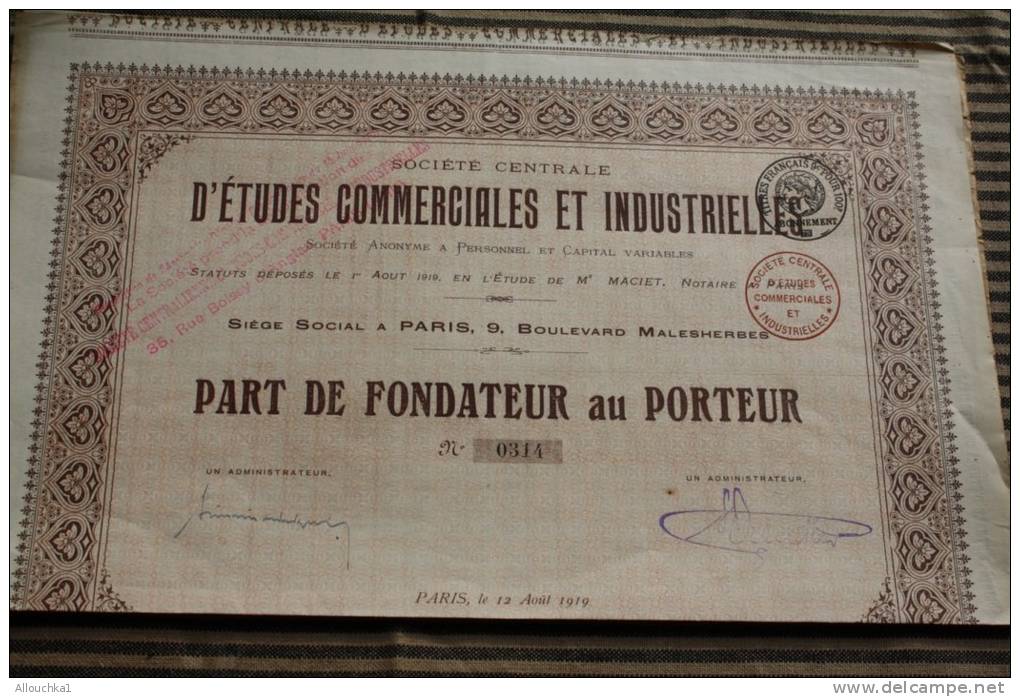 Société Centrale D'étude Commerciale Et Industriels &ndash;titre Scriptophilie :part De Fondateur Au Porteur Siège à Par - Industrial