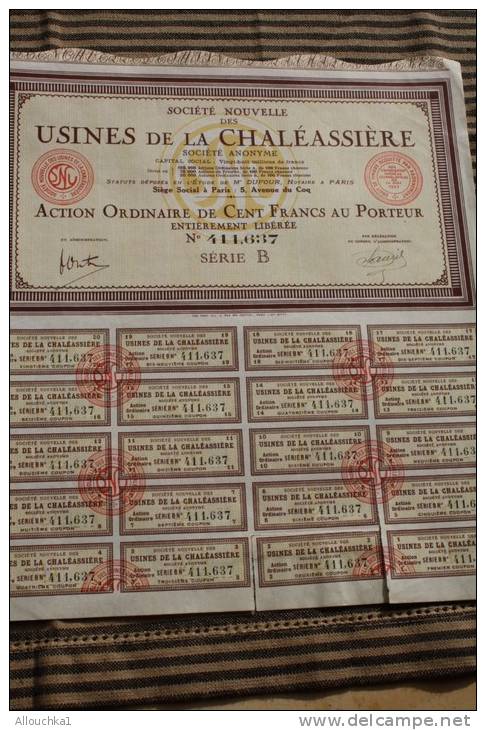 Usine De La Chaléassière Titre Scriptophilie :action Ordinaire De 100fr. Porteur Siège Social à Paris - Industrie