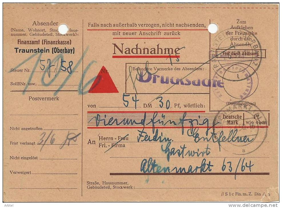ALEMANIA IMPRESO GIRO NACHNAHME 1950 - Storia Postale