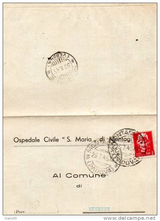 1945 LETTERA CON ANNULLO MONTAGNANA PADOVA  + ANNULLO MINERBE VERONA - Marcophilie