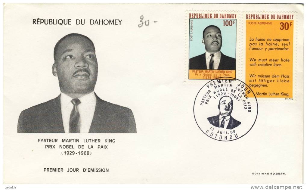 FDC 1968  DAHOMEY  # PASTEUR  MARTIN LUTHER KING  # PRIX NOBEL DE LA PAIX - Martin Luther King