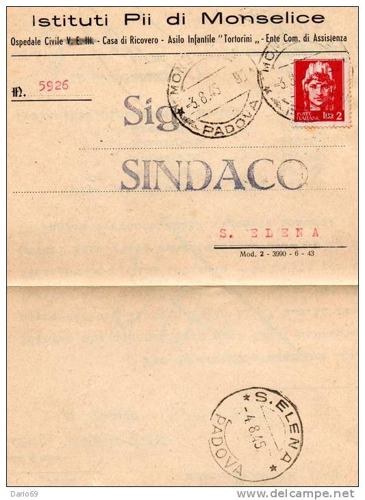 1945 LETTERA CON ANNULLO MONSELICE  PADOVA  + ANNULLO S. ELENA - Marcofilía