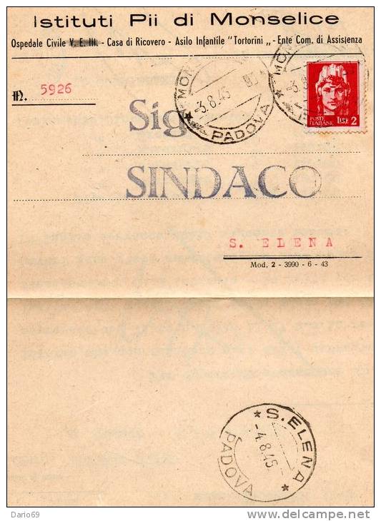 1945 LETTERA CON ANNULLO MONSELICE  PADOVA  + ANNULLO S. ELENA - Poststempel