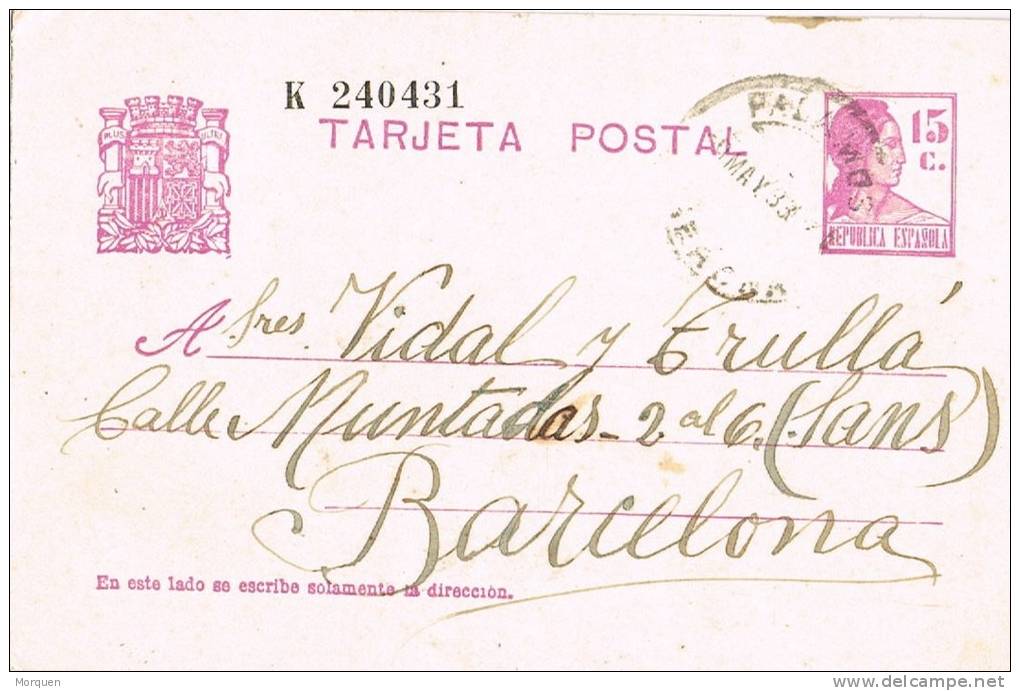 Entero Postal Palamos (Gerona) 1933. Republica - 1931-....