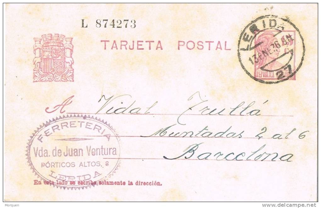 Entero Postal LERIDA 1936. Republica. Ferreteria Ventura - 1931-....