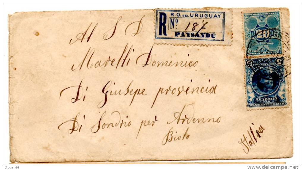 Lettre Recommandée De Paysandu, Uruguay Pour Sondrio Per Ardenno, Italie (1902) - Uruguay