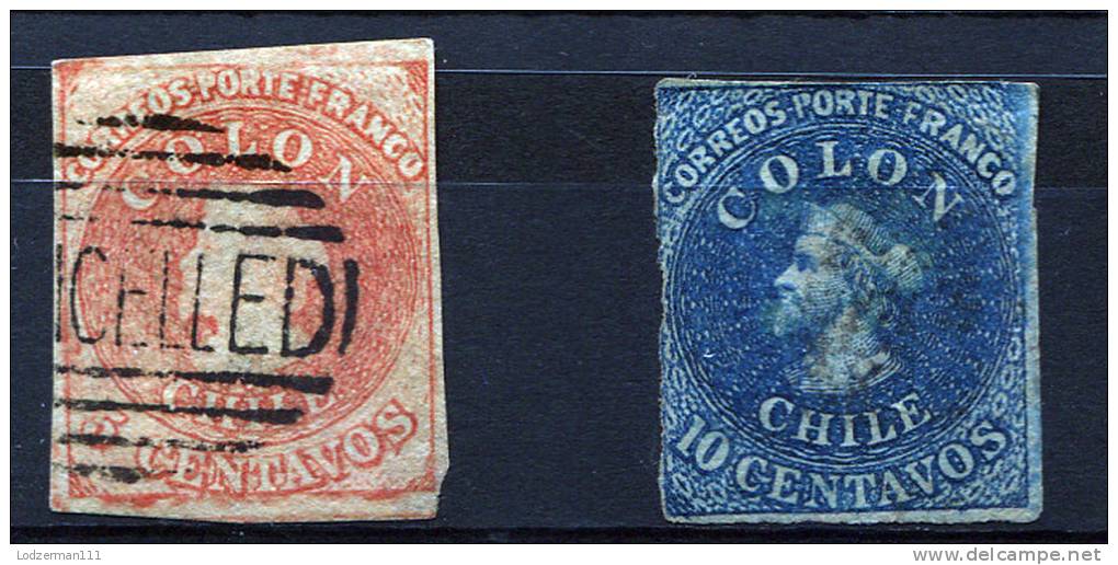 CHILE 1856-62 Santiago Print - Sc.9-10 (Mi.1 II - 2 II, Yv.5-6) VF - Chili
