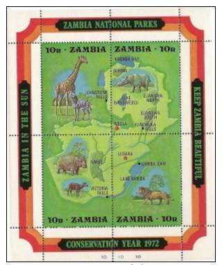 Zambia, Scott 2012 # 85, Issued1972,  S/S Of 4,  MNH, $ 11.00,  Wildlife - Zambia (1965-...)