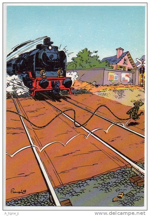 Ref 50c Cpm 1986 - Franquin - Trésor Du Journal De Sprirou CP N° 37 Train Locomotive Ancienne - Bandes Dessinées