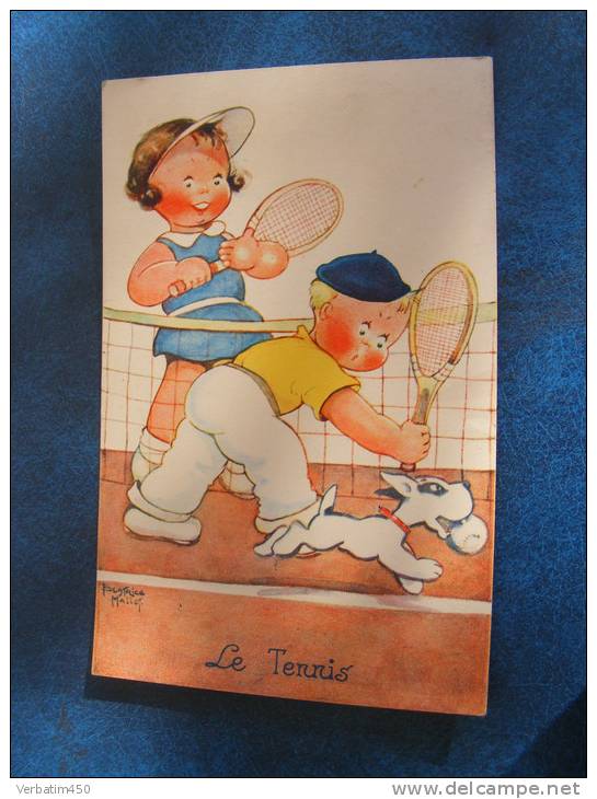 CPA..BEATRICE MALLET..LE TENNIS..CHIEN QUI PART AVEC LA BALLE......RECTO VERSO.. - Mallet, B.