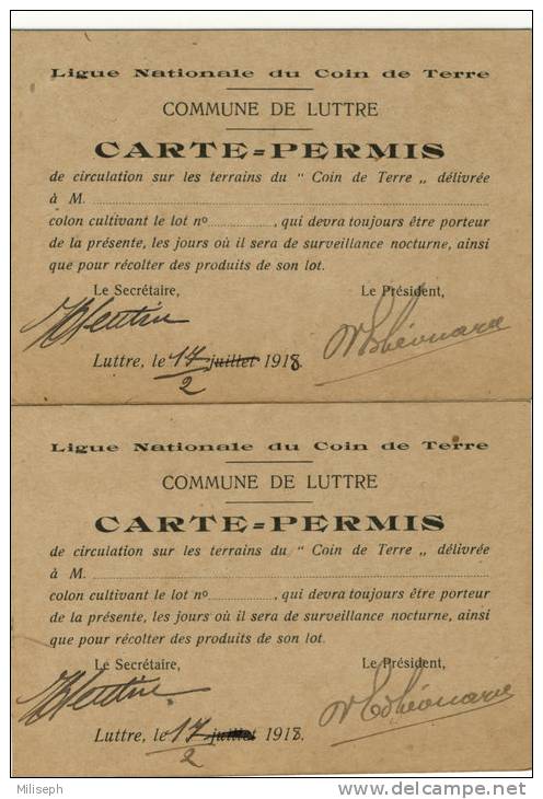 Guerre 14 - 18 - CARTE PERMIS (2) - Ligue Nationale Du Coin De Terre - Commune De Luttre    (2145) - Toegangskaarten