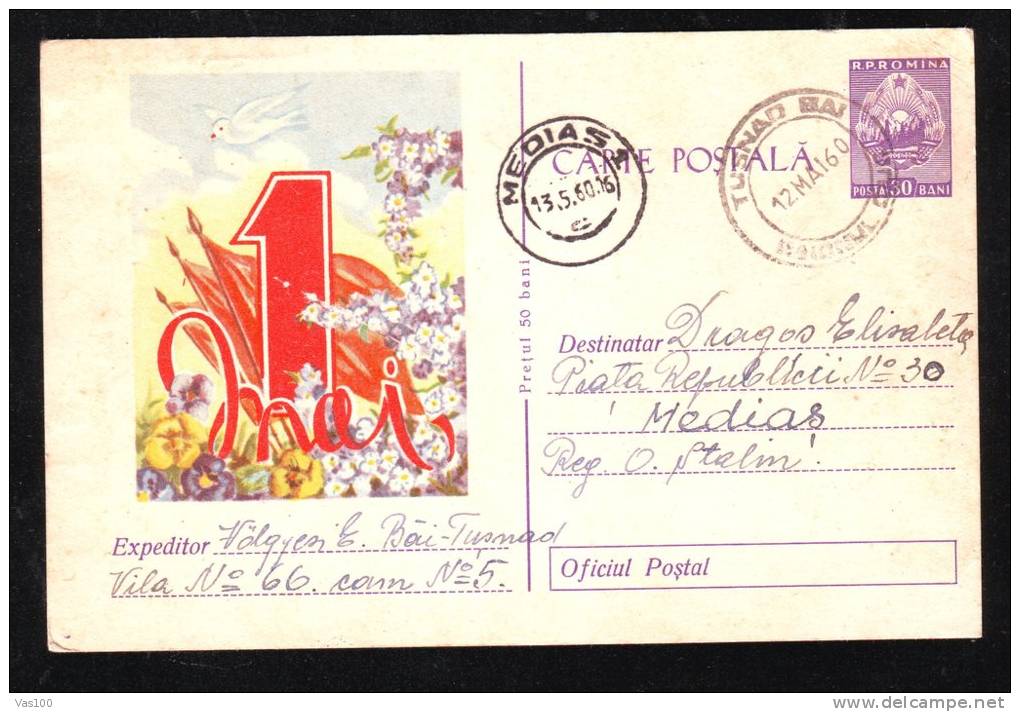 1 MAY, WORK DAY, DOVE, FLOWERS, VERY RARE, 1960, CARD STATIONERY, ENTIER POSTAL, SENT TO MAIL, ROMANIA - Tauben & Flughühner
