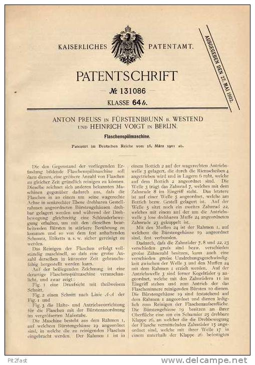 Original Patentschrift - A. Preuss In Fürstenbrunn B. Westend , 1901 , Flaschenspülmaschine  !!! - Máquinas