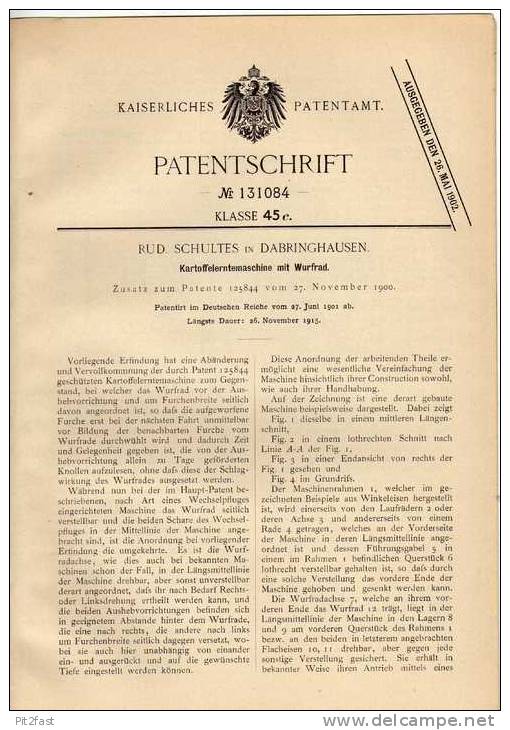 Original Patentschrift - R. Schultes In Dabringhausen , 1901, Kartoffelerntemaschine , Landwirtschaft , Agrar !!! - Maschinen