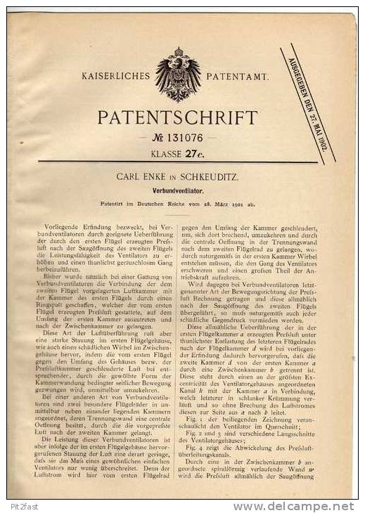 Original Patentschrift - C. Enke In Schkeuditz , 1901 , Ventilator , Lüfter !!! - Maschinen