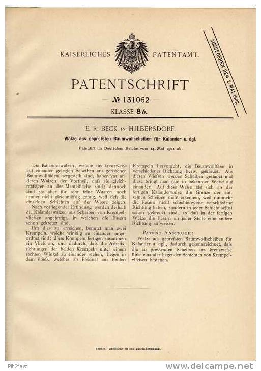 Original Patentschrift - E. Beck In Hilbersdorf B. Chemnitz , 1901 , Walze Aus Baumwollscheiben , Baumwolle !!! - Machines