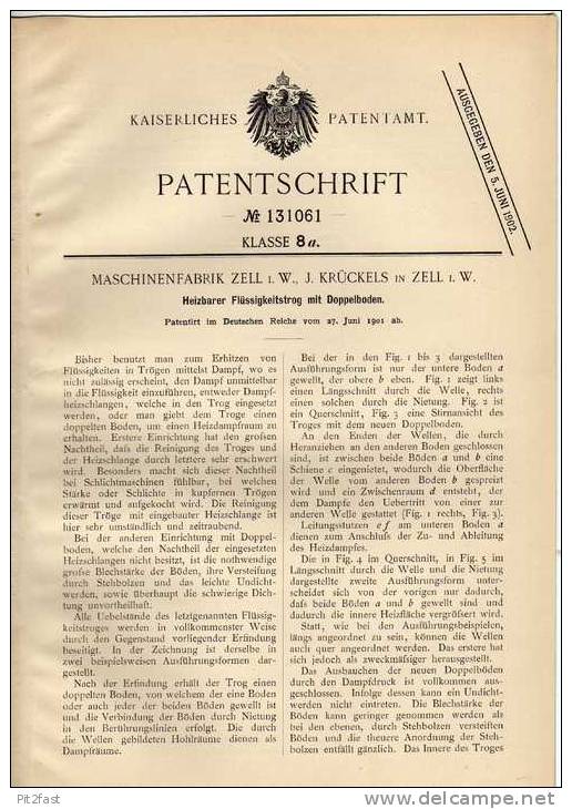 Original Patentschrift - J. Krückels In Zell I. W. , 1901 , Heizbarer Trog !!! - Machines