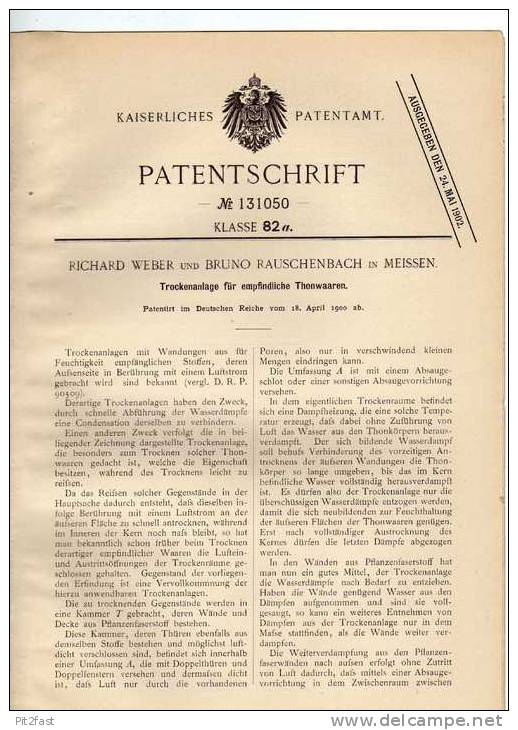 Original Patentschrift - R. Weber In Meissen , 1900 , Trockner Für Thonwaaren , Meissener Porzelan !!! - Tools