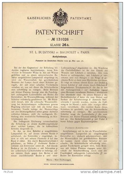 Original Patentschrift - Acetylenlampe , 1901 , L. Budzinski In Bagnolet B. Paris !!! - Luminarie E Lampadari