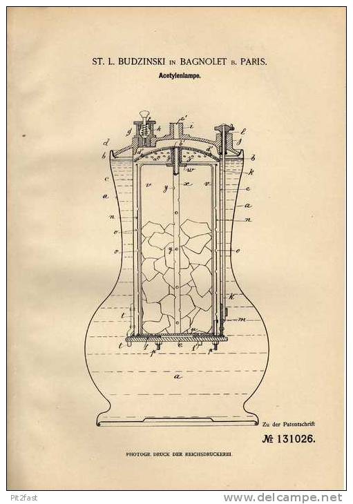 Original Patentschrift - Acetylenlampe , 1901 , L. Budzinski In Bagnolet B. Paris !!! - Lighting & Lampshades