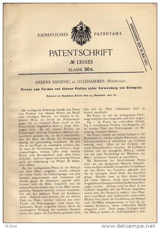 Original Patentschrift -  A. Sandvik In Lillehammer , Norwegen , 1900 , Presse Für Platten !!! - Machines