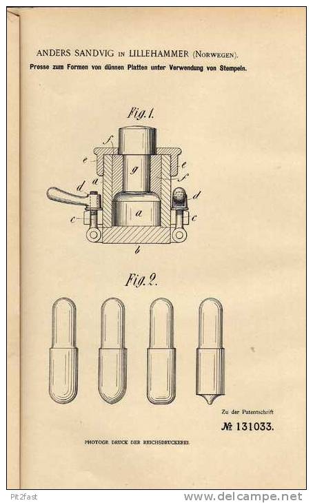 Original Patentschrift -  A. Sandvik In Lillehammer , Norwegen , 1900 , Presse Für Platten !!! - Maschinen