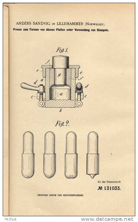 Original Patentschrift -  A. Sandvik In Lillehammer , Norwegen , 1900 , Presse Für Platten !!! - Máquinas