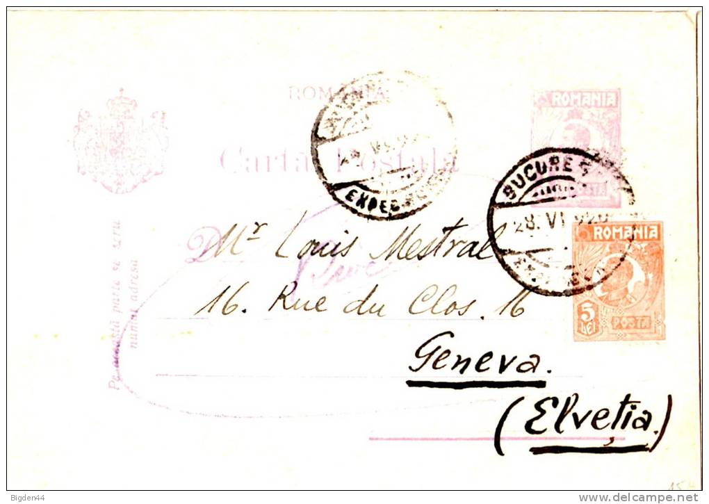 Carte Postale De Bucarest Pour Genève_1926 - Poststempel (Marcophilie)