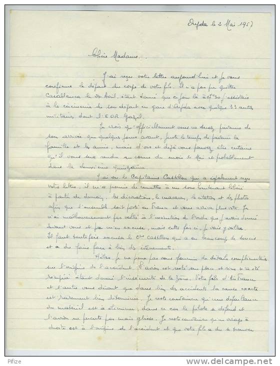 (Aviation) Correspondance pilote originaire d'Oléron. 1957 Maroc. Accident. Avis de décès.