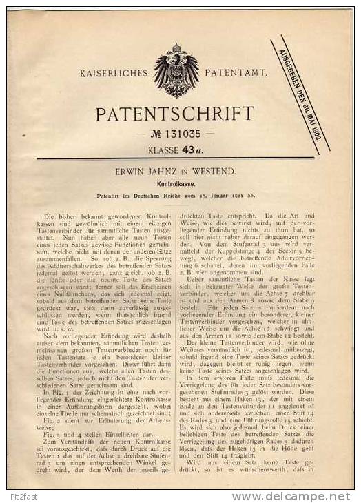 Original Patentschrift - E. Jahnz In Westend , 1901 , Kontrollkasse , Registrierkasse , Kasse !!! - Machines