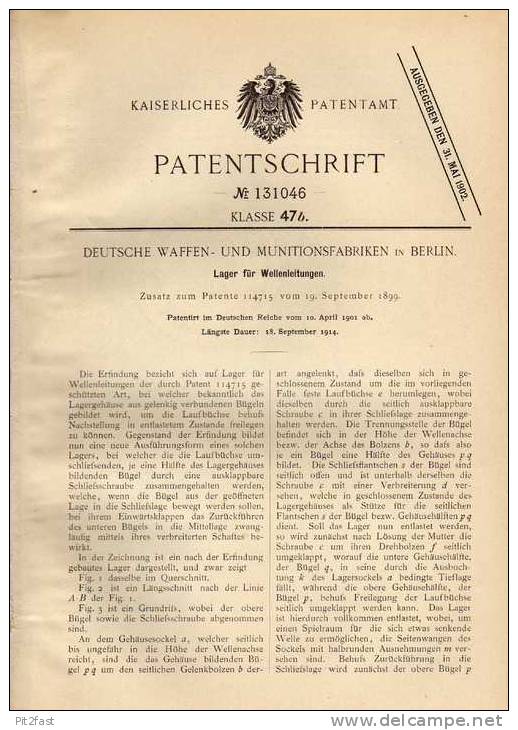 Original Patentschrift - Deutsche Waffen- Und Munitionsfabrik In Berlin , 1901 , Lager Für Wellenleitungen !!! - Maschinen