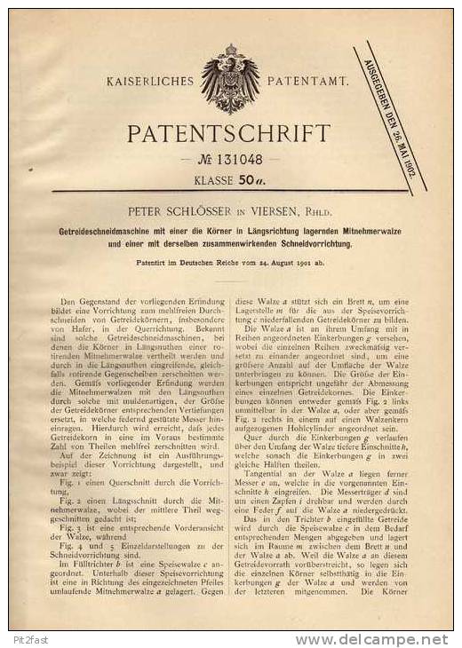 Original Patentschrift - P, Schlösser In Viersen , Rhld. , 1901 , Getreidemaschine , Landwirtschaft , Agrar  !!! - Máquinas