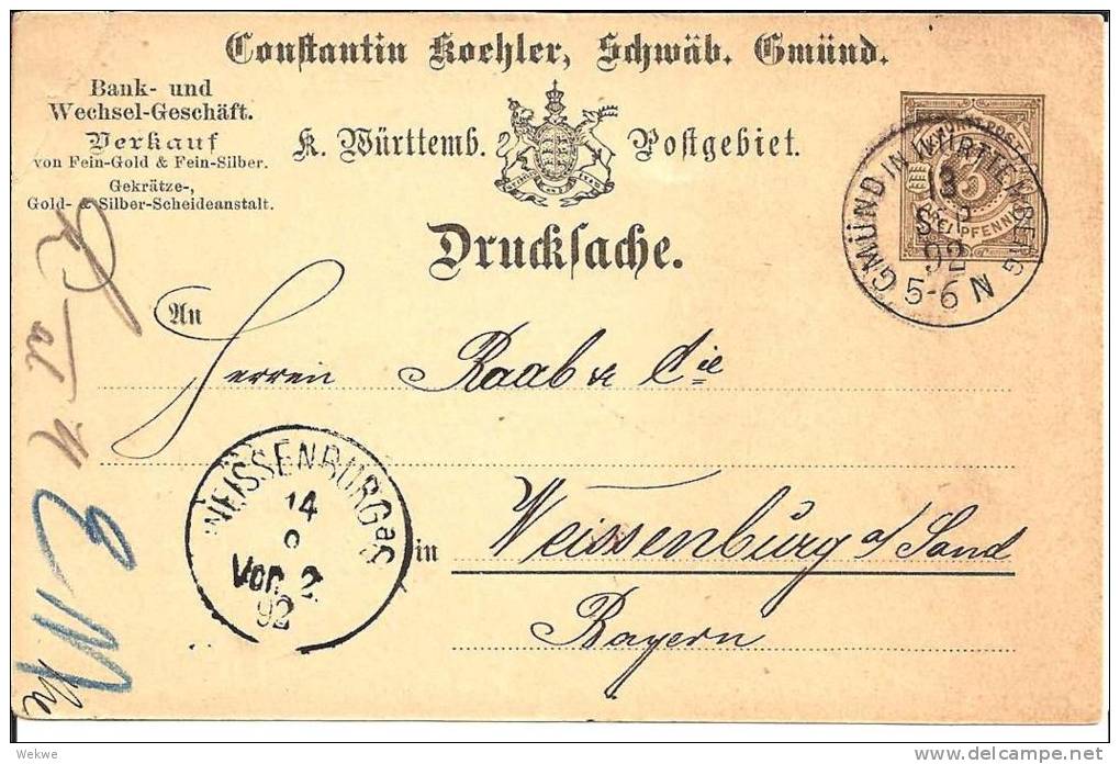 Wtb172/  WÜRTTEMBERG - Mi.Nr. DRP 5 Mit Firmenzudruck Ex Gmïnd 1892 - Enteros Postales