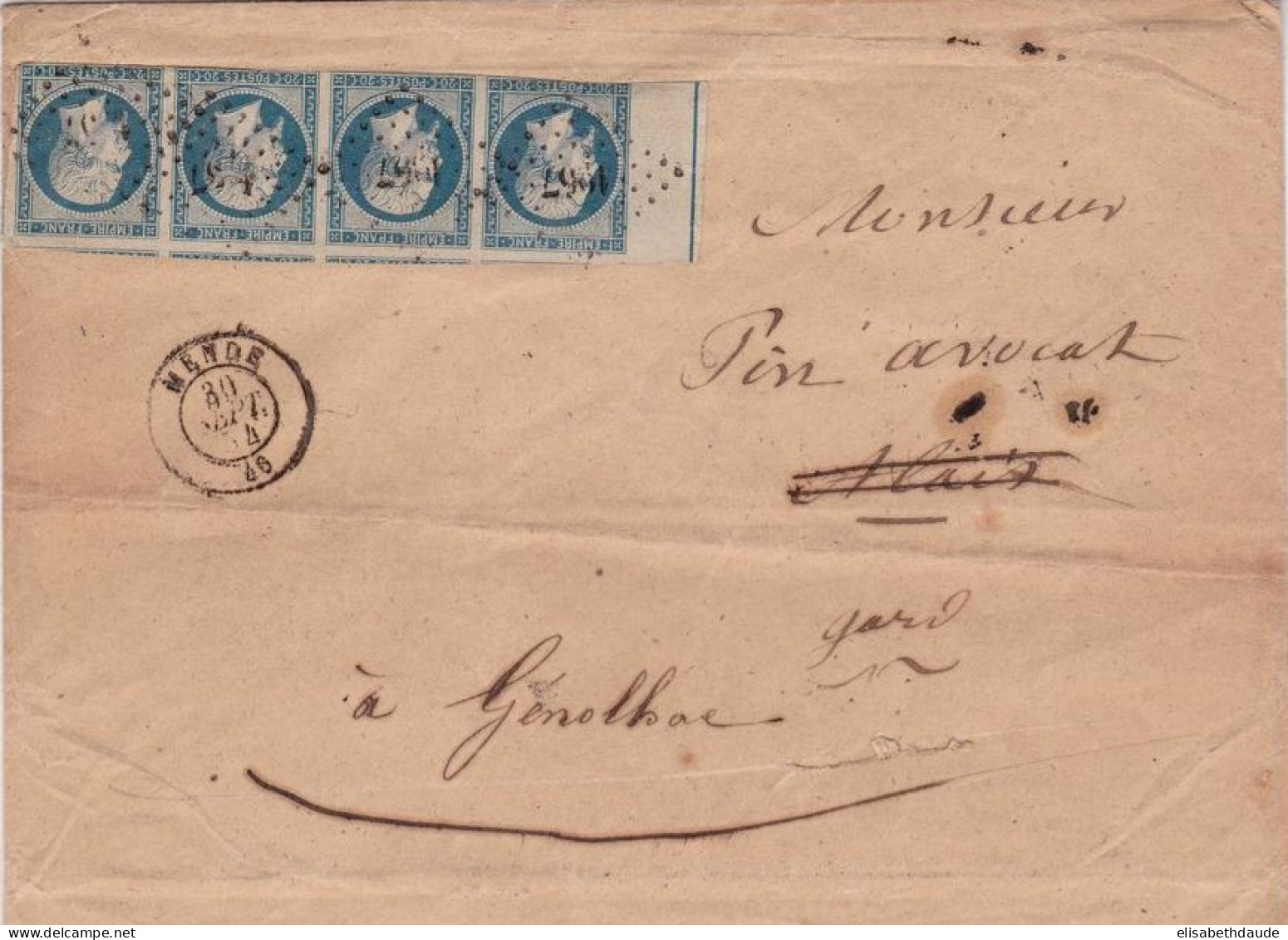 20c EMPIRE - 1854 - RARE BANDE De 4 Avec LIGNE D'ENCADREMENT / ENVELOPPE De MENDE (LOZERE) Pour GENOLHAC - COTE = 1750 E - 1853-1860 Napoleon III