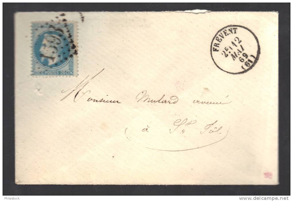 FRANCE 1869 N° 29 Obl. S/Lettre Entiére GC 1593 & Petit C à D Frevent - 1863-1870 Napoléon III Lauré