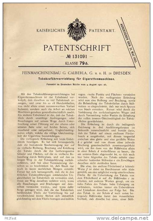 Original Patentschrift - Calberla GmbH In Dresden , 1901 , Cigarettenmaschine , Cigarette , Tabak !!! - Maschinen