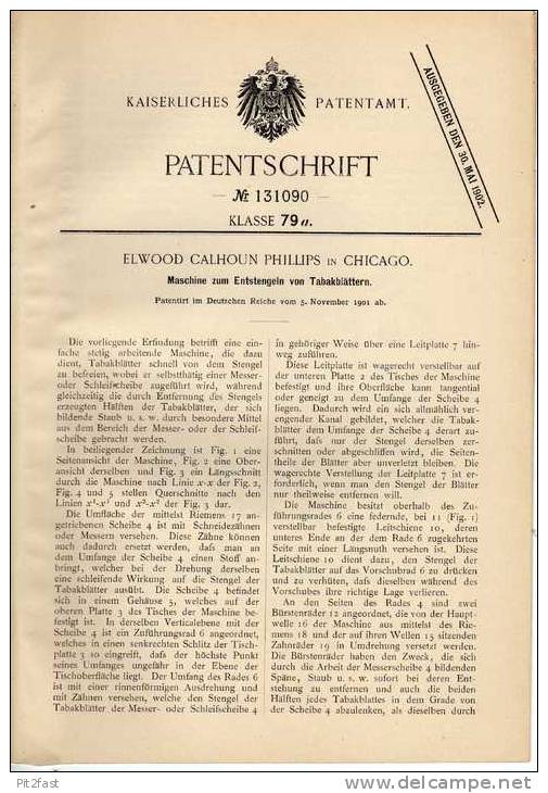 Original Patentschrift - Maschine Für Tabak Blätter , 1901, E. Phillips In Chicago !!! - Maschinen