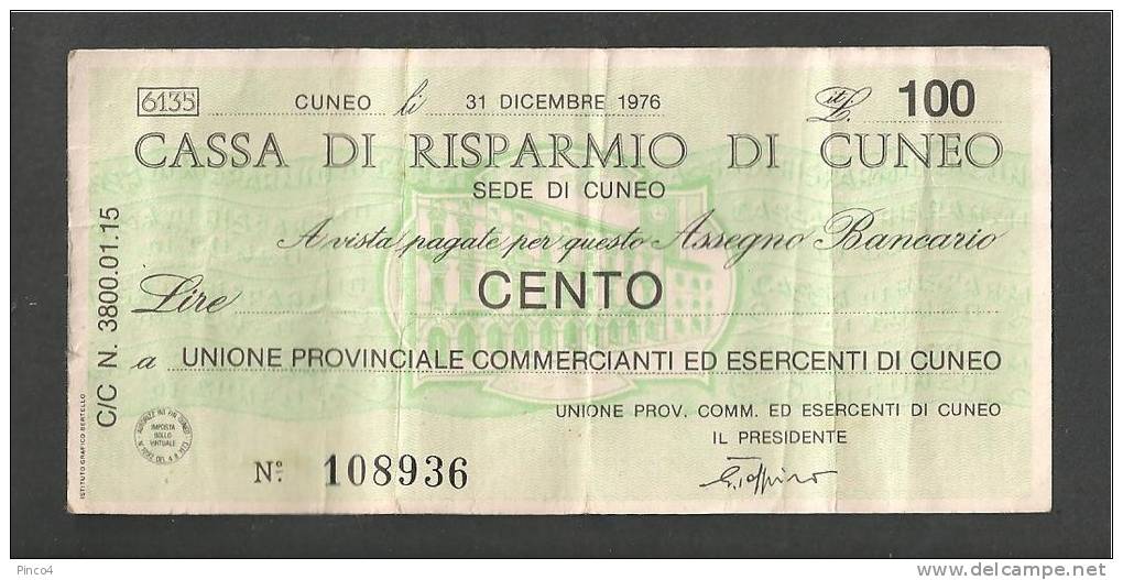 ITALIA MINIASSEGNO 100 LIRE 1976 CASSA DI RISPARMIO DI CUNEO  BANCONOTA CIRCOLATA - Autres & Non Classés