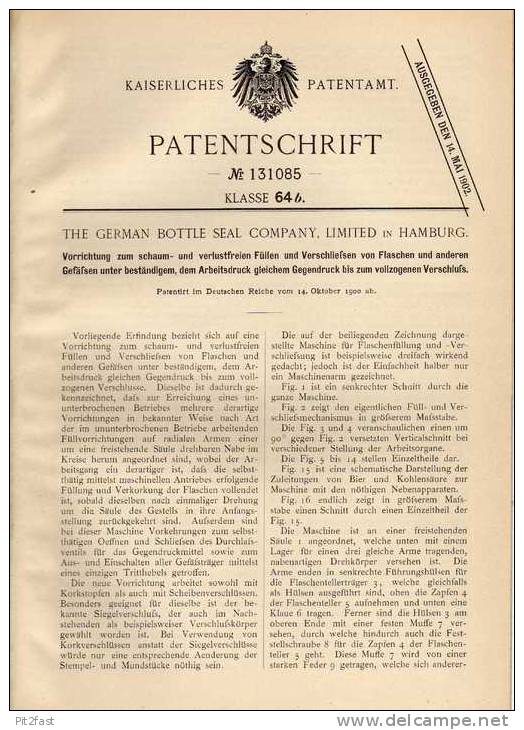 Original Patentschrift - The German Bottle Comp. In Hamburg , 1900, Füll- Und Verschließapparat Für Flaschen  !!! - Maschinen