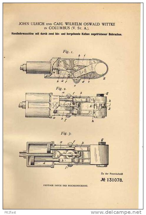 Original Patentschrift - Bohrmaschine , 1901, C. Wittke In Columbus , USA !!! - Maschinen