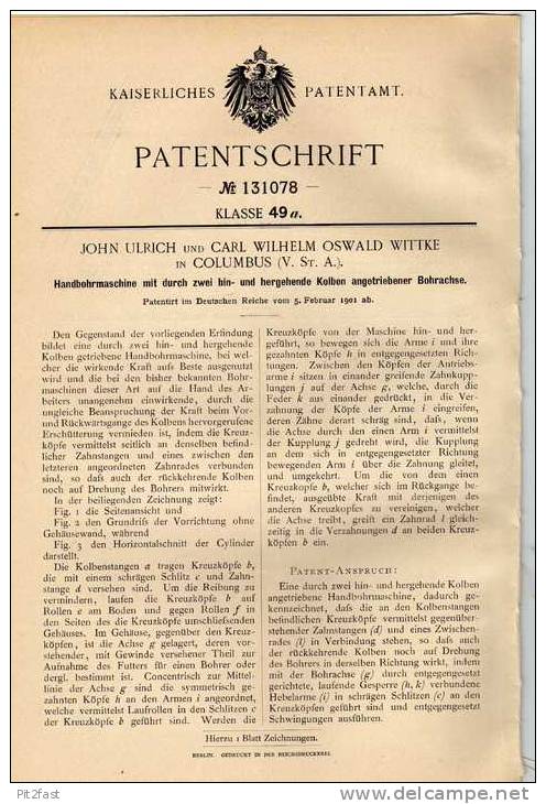 Original Patentschrift - Bohrmaschine , 1901, C. Wittke In Columbus , USA !!! - Máquinas