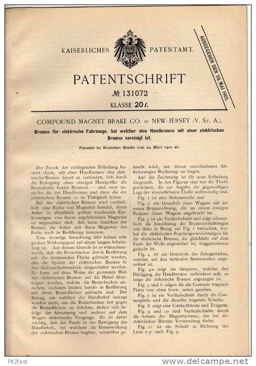 Original Patentschrift - Elektr. Handbremse Für Elektrofahrzeuge, 1901, Magnet Brake Comp. In New Jersey !!! - Cars