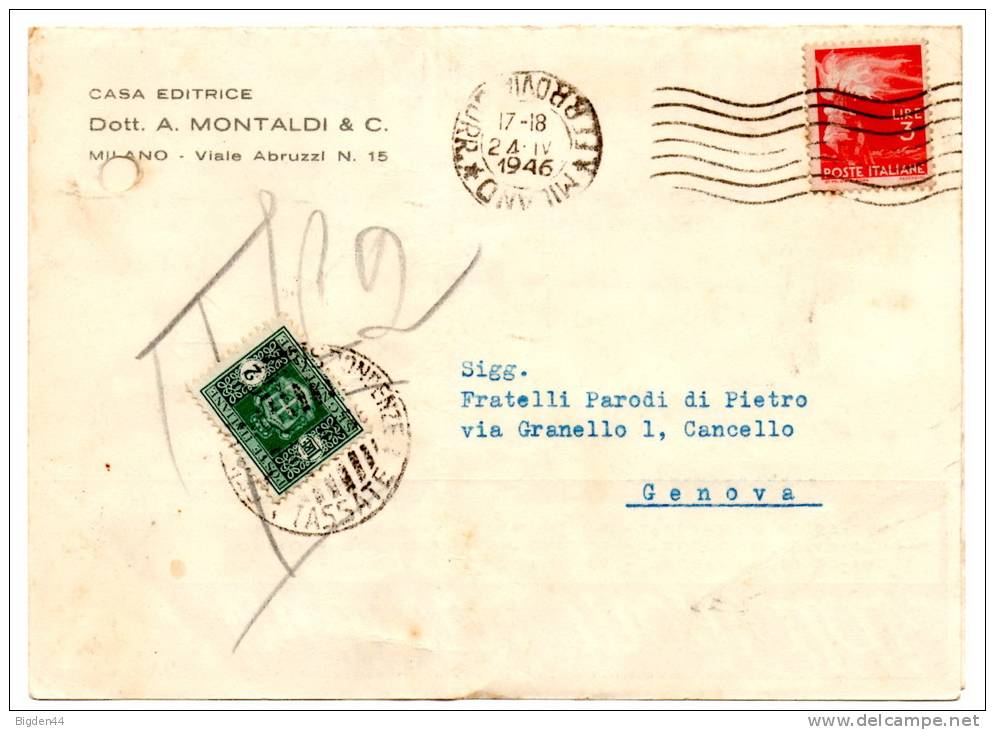 Lettre Commerciale Taxée De Milano Pour Genova (24.04.1946)_tax - Postage Due