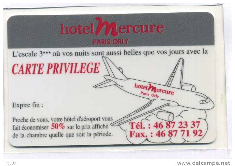 -  FRANCE TELECARTE . HOTEL MERCURY . PARIS ORLY . - Hotel Key Cards