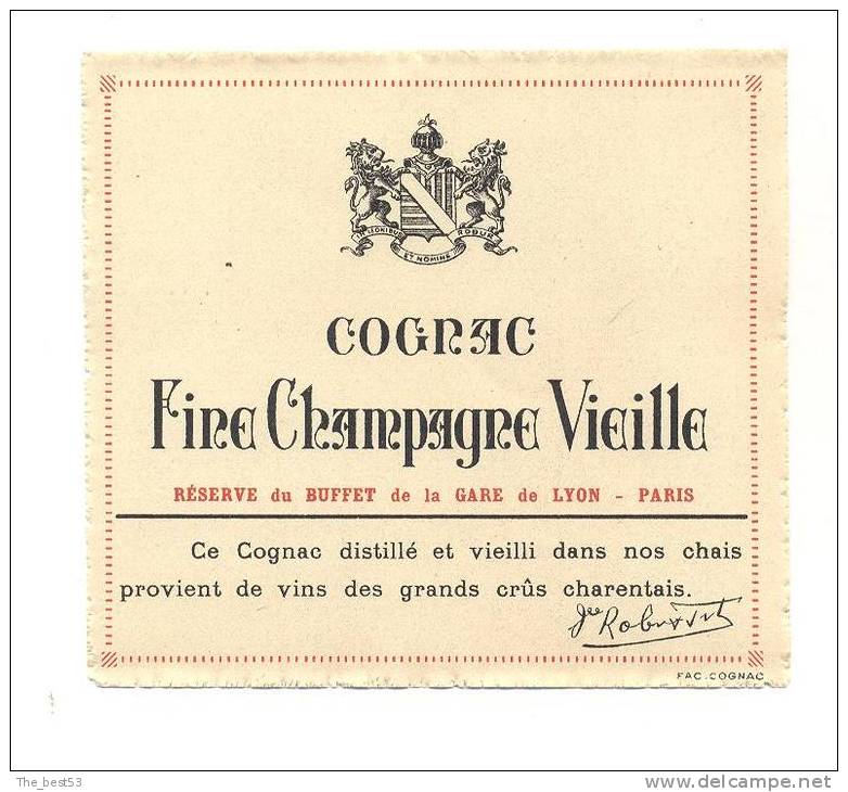 Etiquette  De  Cognac Fine Champagne Vieille  - Réserve Du Buffet De La Gare De Lyon - Paris - Autres & Non Classés