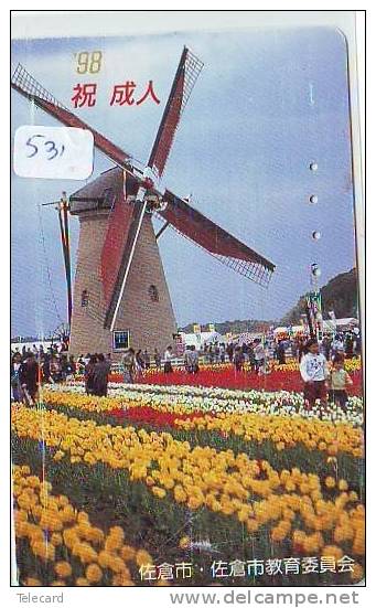 Télécarte Japon * MOULIN (531) WINDMILL * Phonecard * Mühle * TELEFOONKAART JAPAN * MOLEN * Tulip * TULP - Landscapes